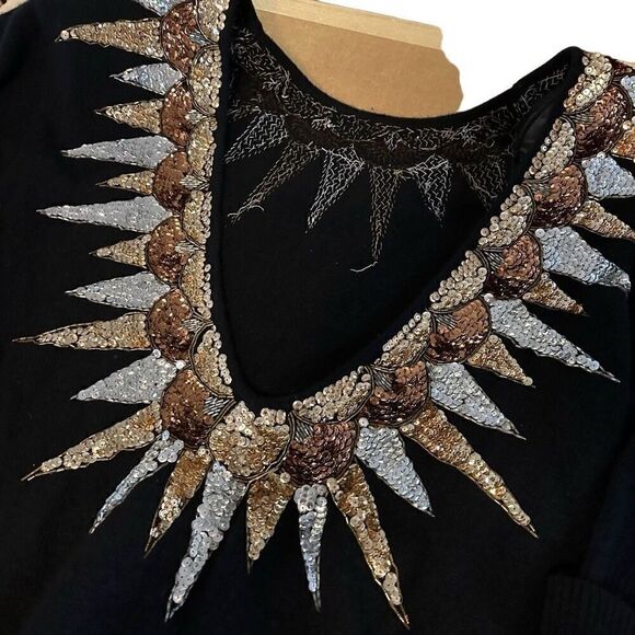 Vtg Semplice Lambs Wool Angora Rabbit Hair Black Sequin Deep V Back Sweater L - Picture 5 of 13
